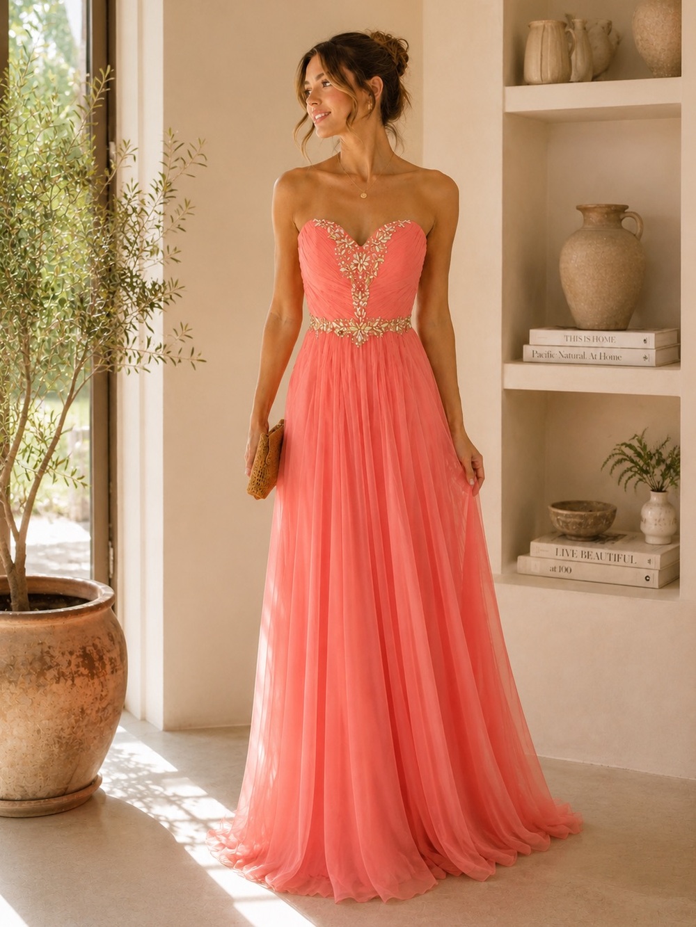 Jewel Gem Coral Sweetheart Ball Gown Evening Dress